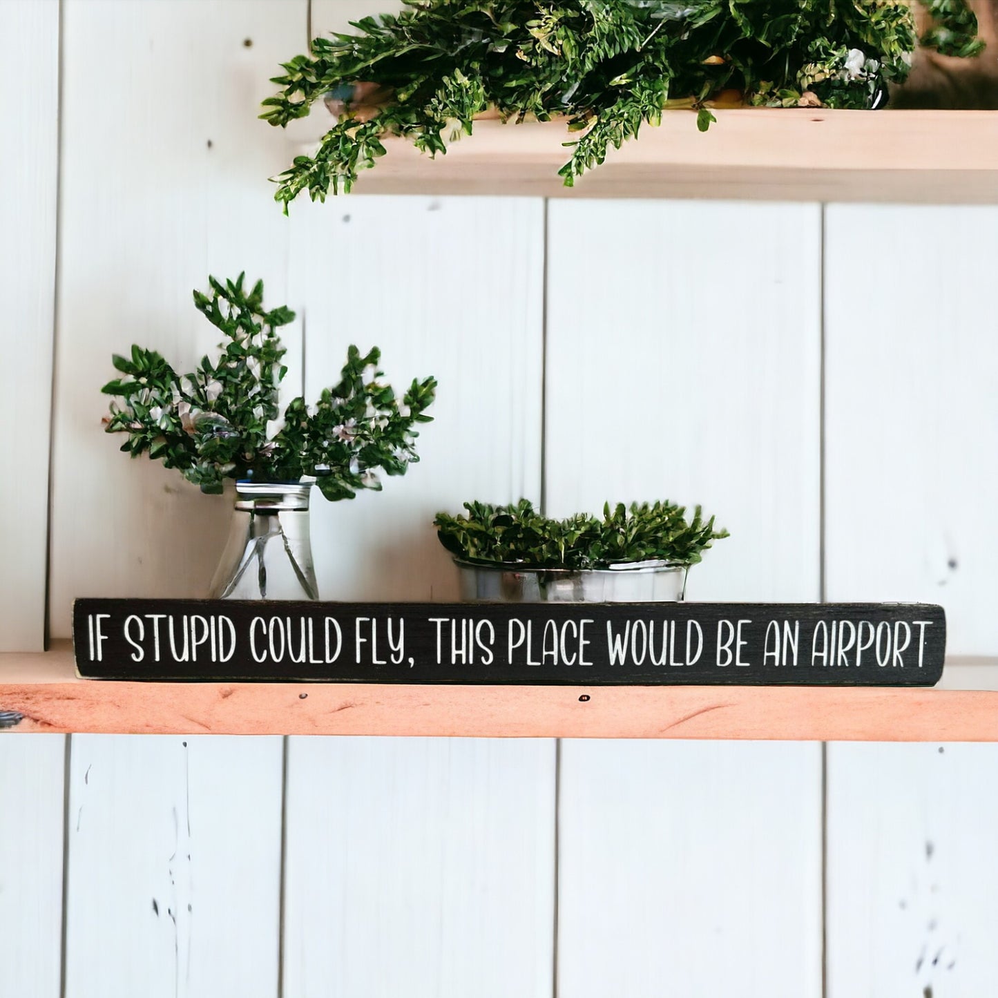 Handpainted black wood sign with white text reading 'If Stupid Could Fly This Place Would Be an Airport,' freestanding 16-inch funny wood sign with quotes about stupidity for office decor.