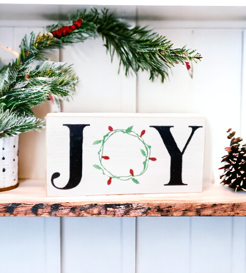 4" x 8" Christmas Sign with 'JOY' in Black - White Background with Holly and Holiday Lights - Fireplace Mantel Decor and Shelf Decor for a Festive Holiday Atmosphere