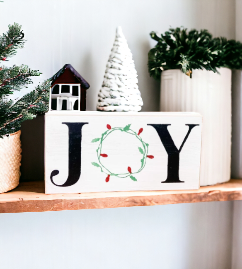 4" x 8" Christmas Sign with 'JOY' in Black - White Background with Holly and Holiday Lights - Fireplace Mantel Decor and Shelf Decor for a Festive Holiday Atmosphere