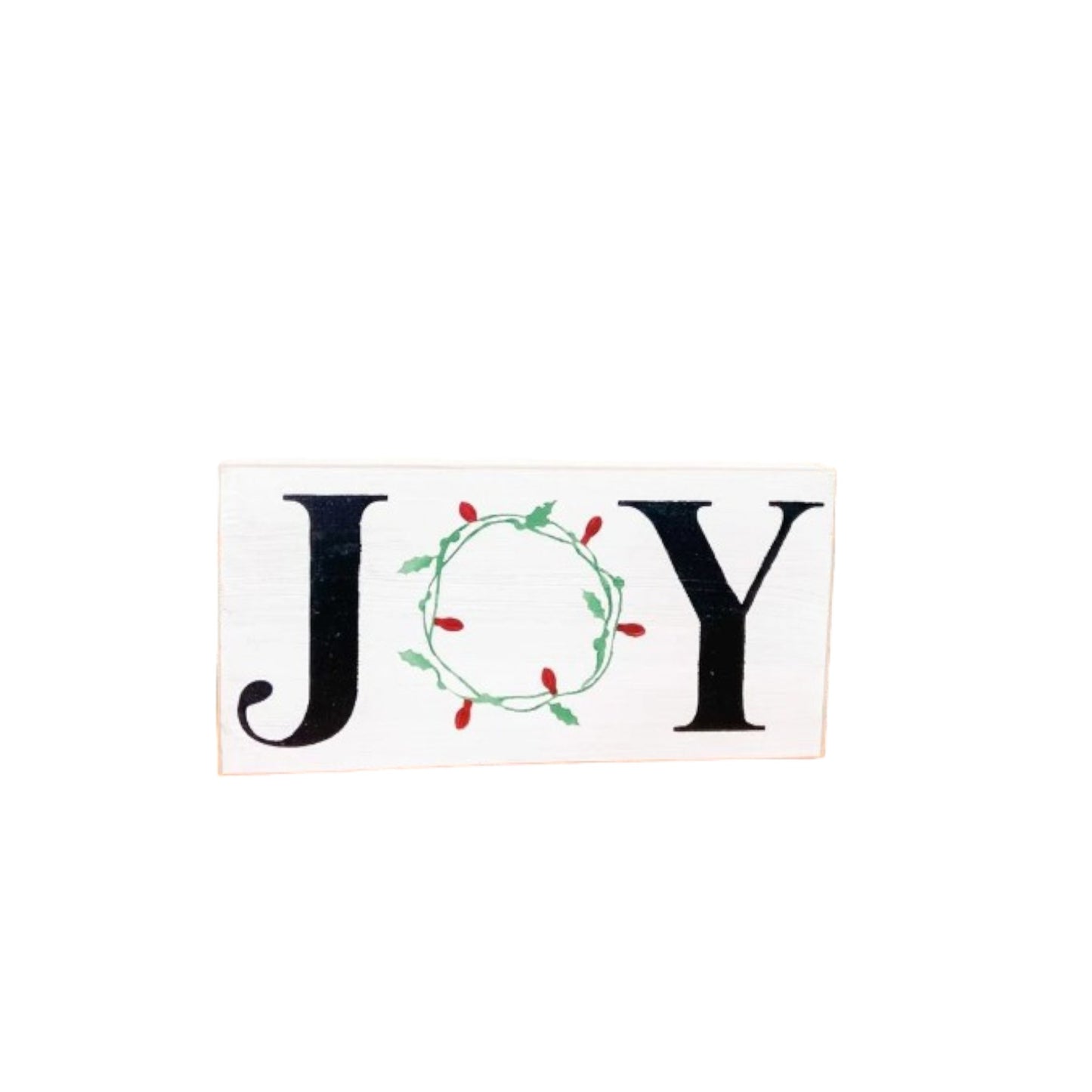 "Joy" wood sign with a wreath of Christmas lights as the "O," perfect for mantels, offices, and shelves.