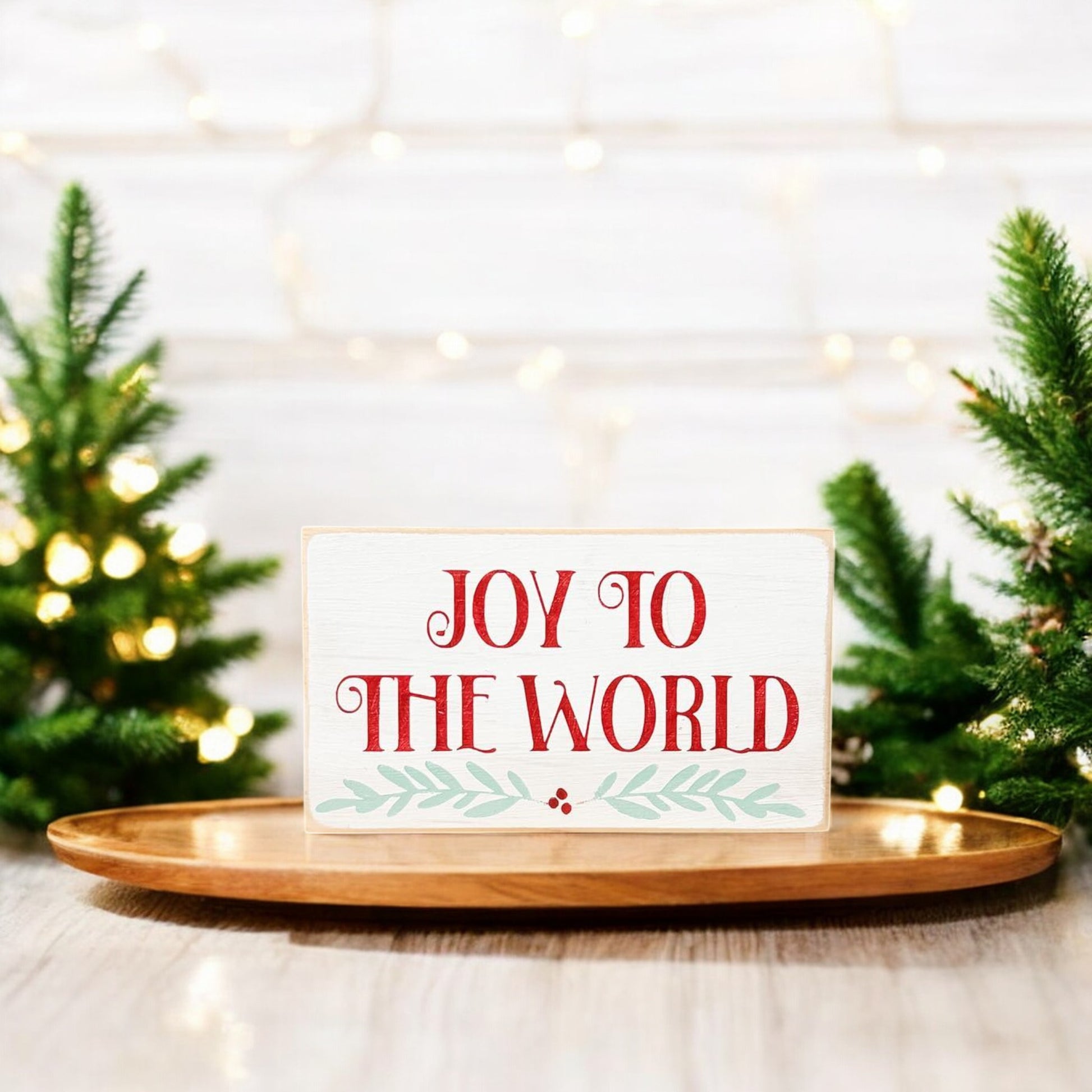 3.5" x 6" wood block sign reading "Joy to the World," perfect for holiday mantel or shelf display.