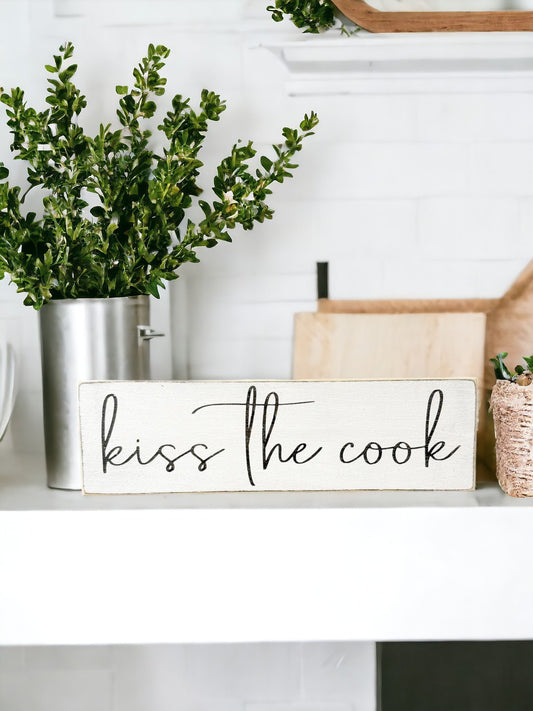 Adorable 'Kiss the Cook' Kitchen Sign - Modern Farmhouse Wall Art, White Wooden Sign with Black Script Font