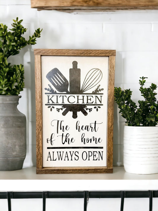 Framed Kitchen Wood Sign - 'The Heart of the Home, Always Open' with Kitchen Utensils, Hand-Painted White with Black Text and Stained Frame