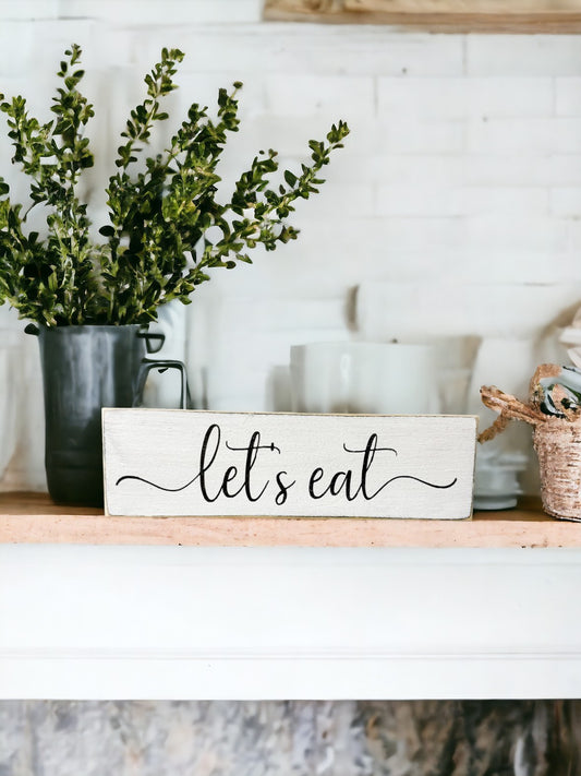 Charming 'Let's Eat' Script Wood Sign for Rustic Kitchen Decor - Hand-Painted White with Black Text