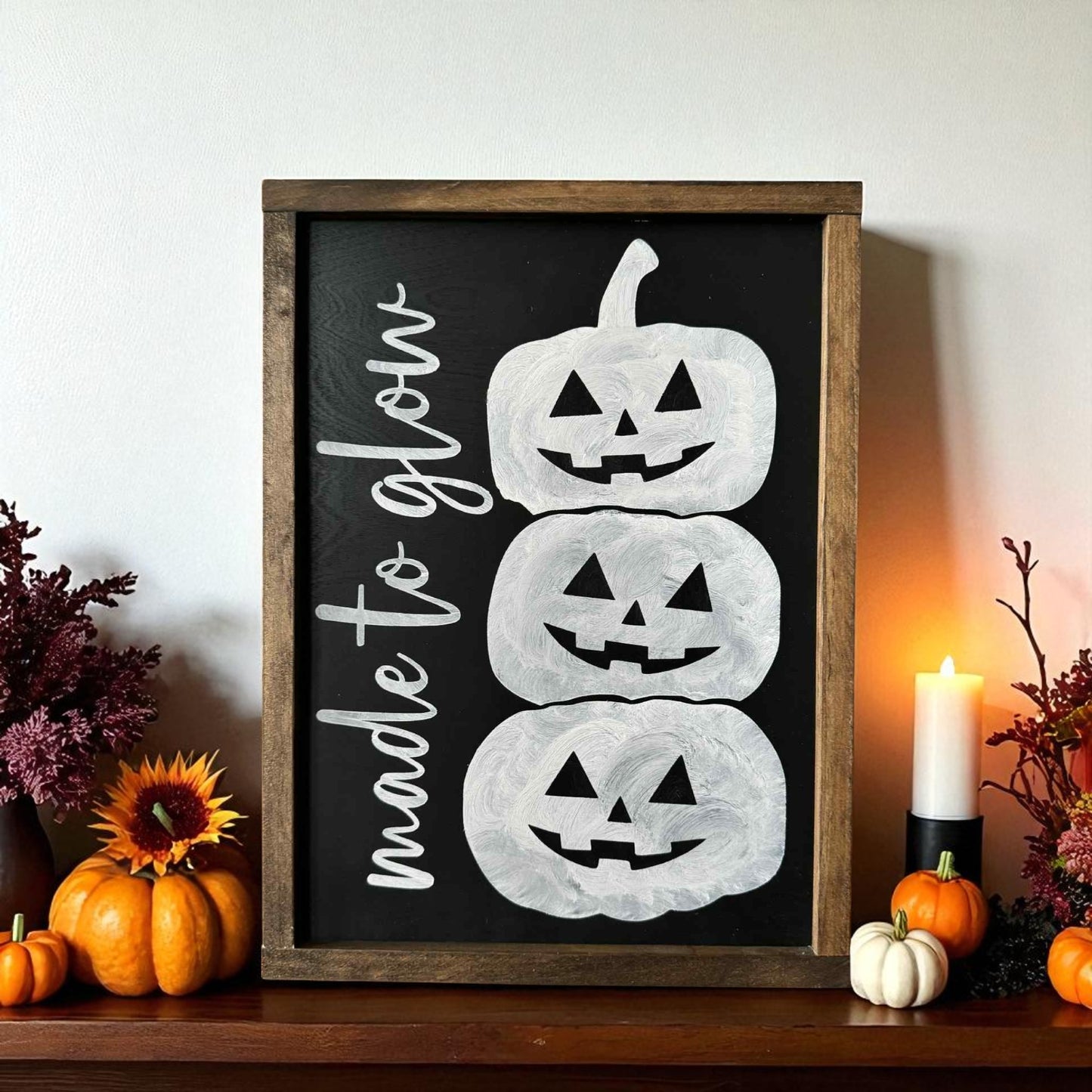 Framed wood Halloween sign with stacked jack-o’-lanterns and Made to Glow text – cute rustic Halloween decoration