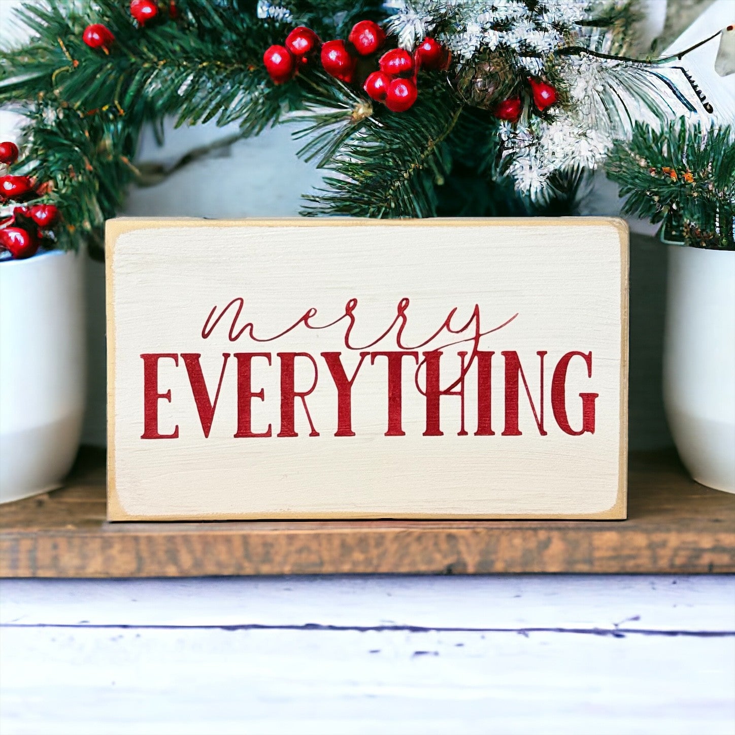 Handpainted "Merry Everything" wood block sign in white with red text, perfect for farmhouse Christmas decor.