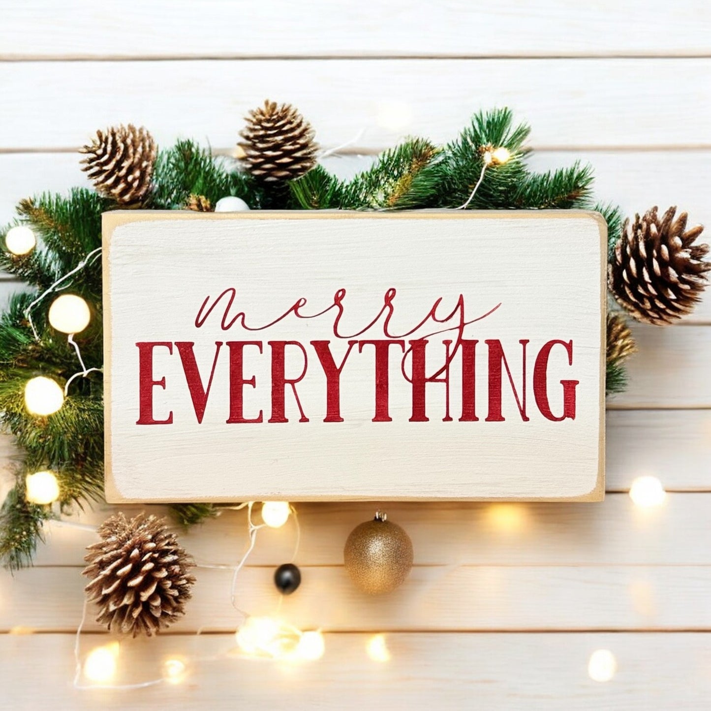 Handpainted "Merry Everything" wood block sign in white with red text, perfect for farmhouse Christmas decor.