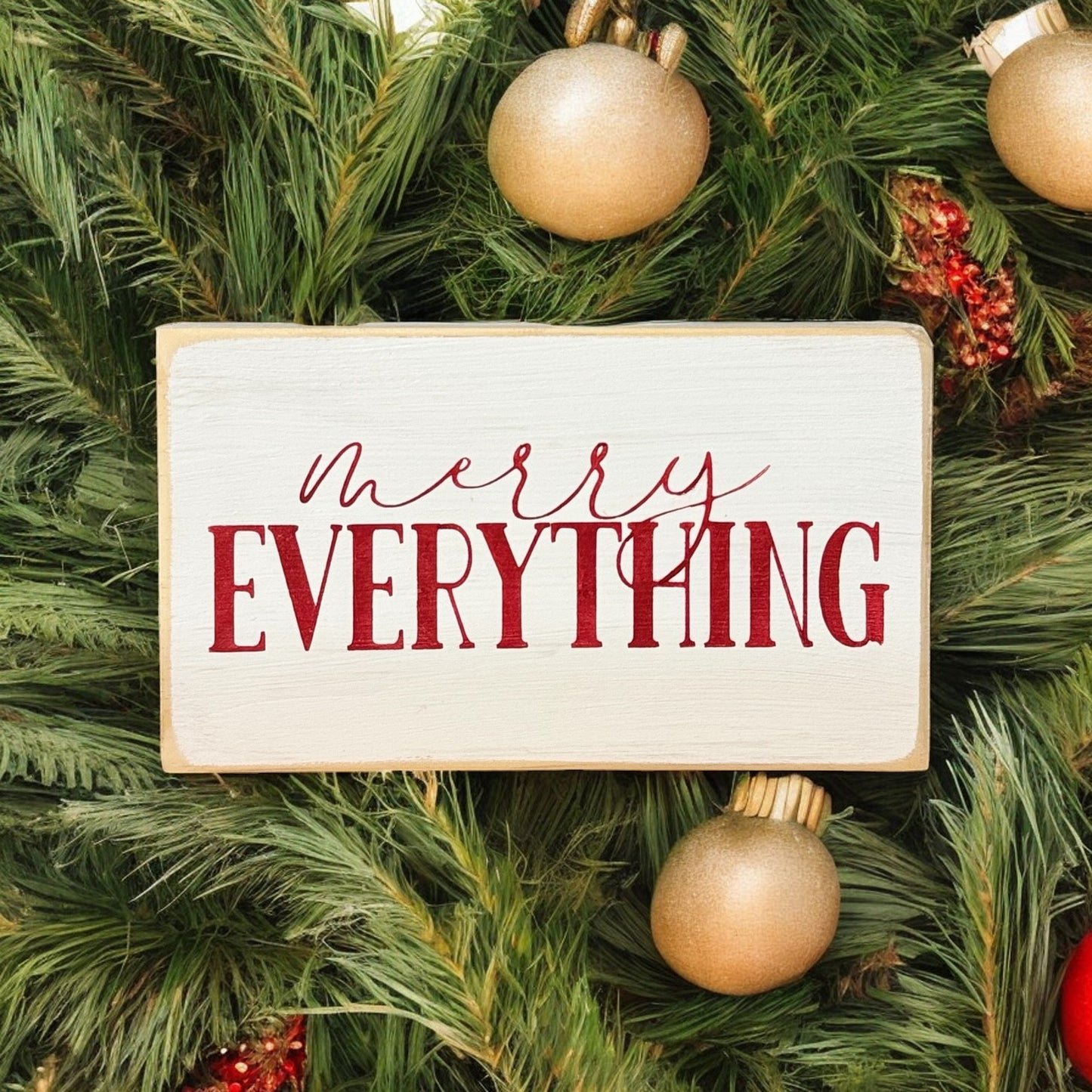 Handpainted "Merry Everything" wood block sign in white with red text, perfect for farmhouse Christmas decor.