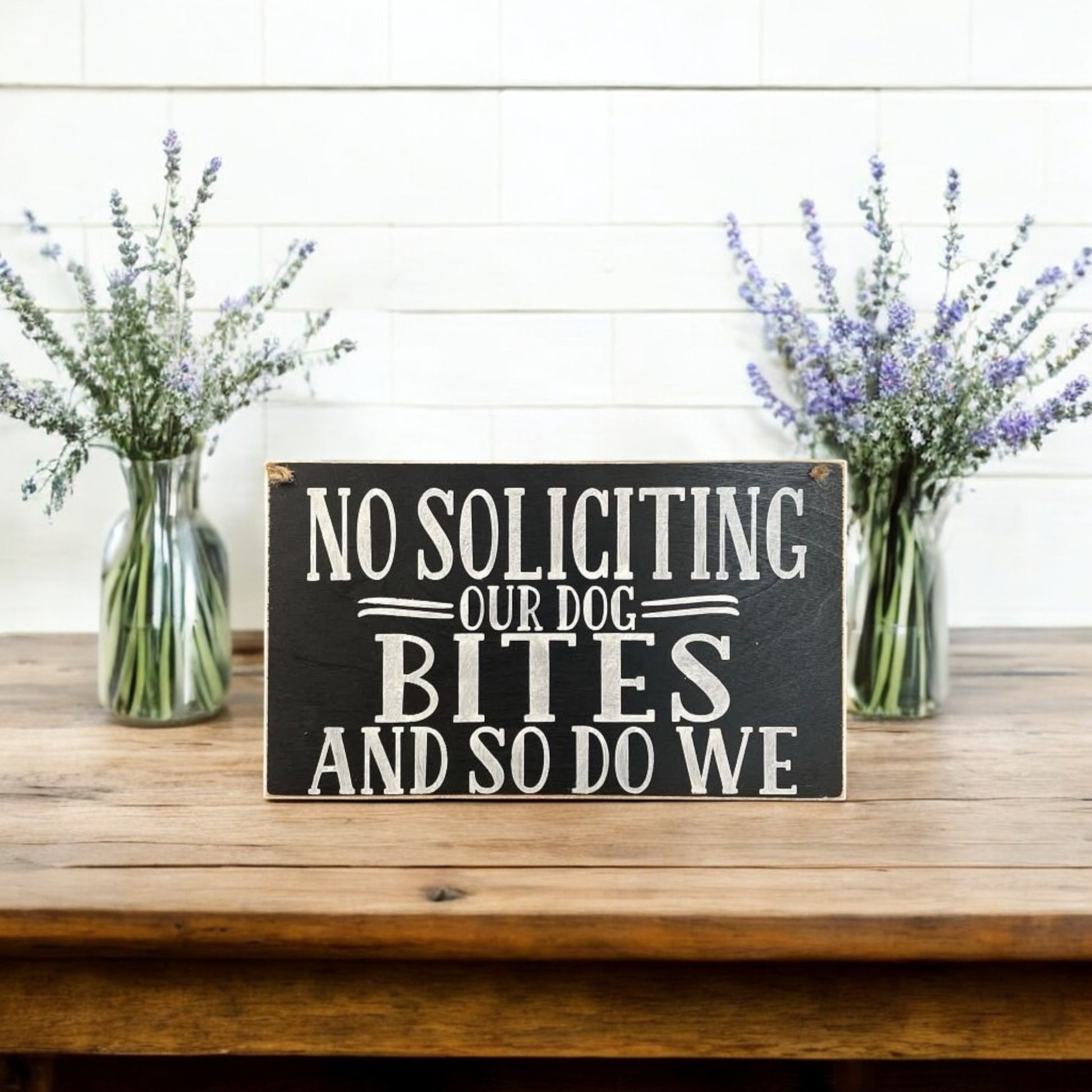 Wooden 'No Soliciting – Our Dog Bites and So Do We' sign, handpainted black with white text. Features a twine hanger for easy hanging. Funny beware of the dog sign for pet lovers.