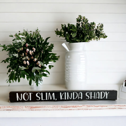 Handpainted black wood sign with white text reading 'Not Slim Kind Of Shady,' freestanding 16-inch decor for shelves, desks, and tabletops.