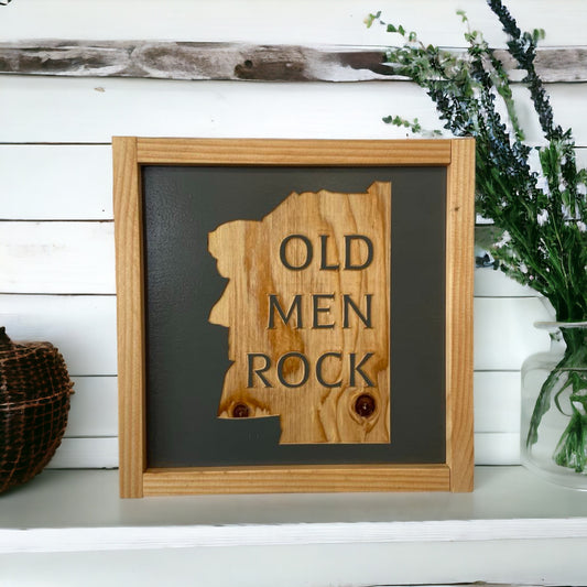 Framed Wood Sign: 'Old Men Rock' with Carved Old Man of the Mountain Picture | 9.5" x 9.5