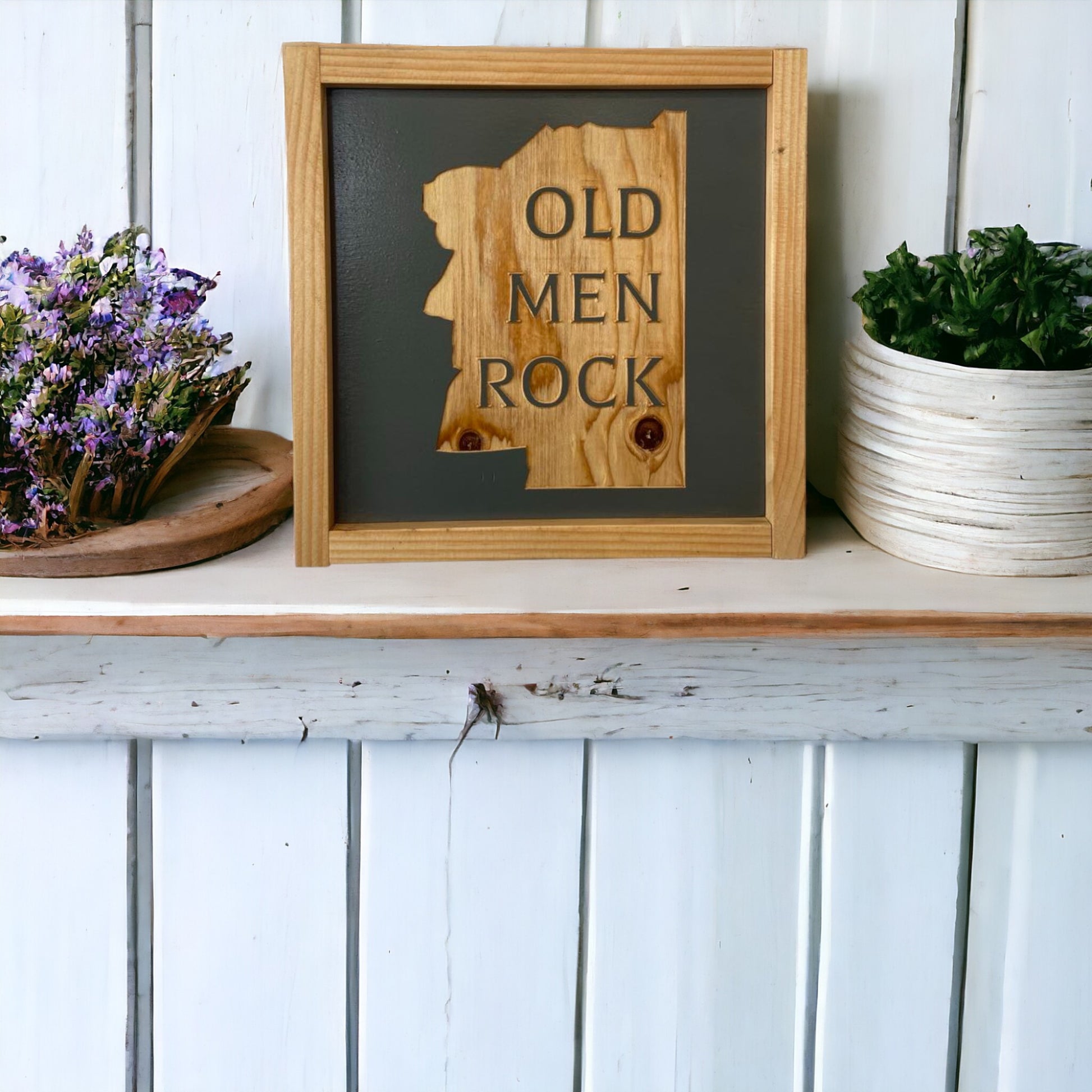 Framed Wood Sign: 'Old Men Rock' with Carved Old Man of the Mountain Picture | 9.5" x 9.5