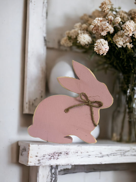 Wooden Pink Sitting Bunny- Easter Shelf Sitter