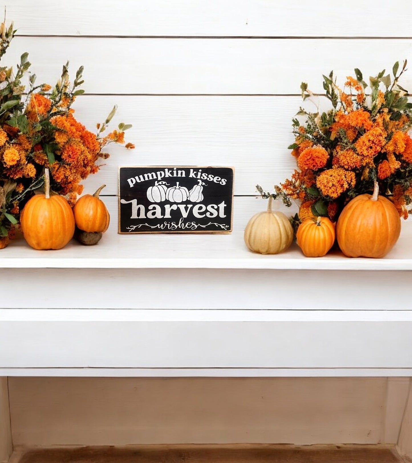 3.5x6 hand-painted black wood block sign reading 'Pumpkin Kisses Harvest Wishes.