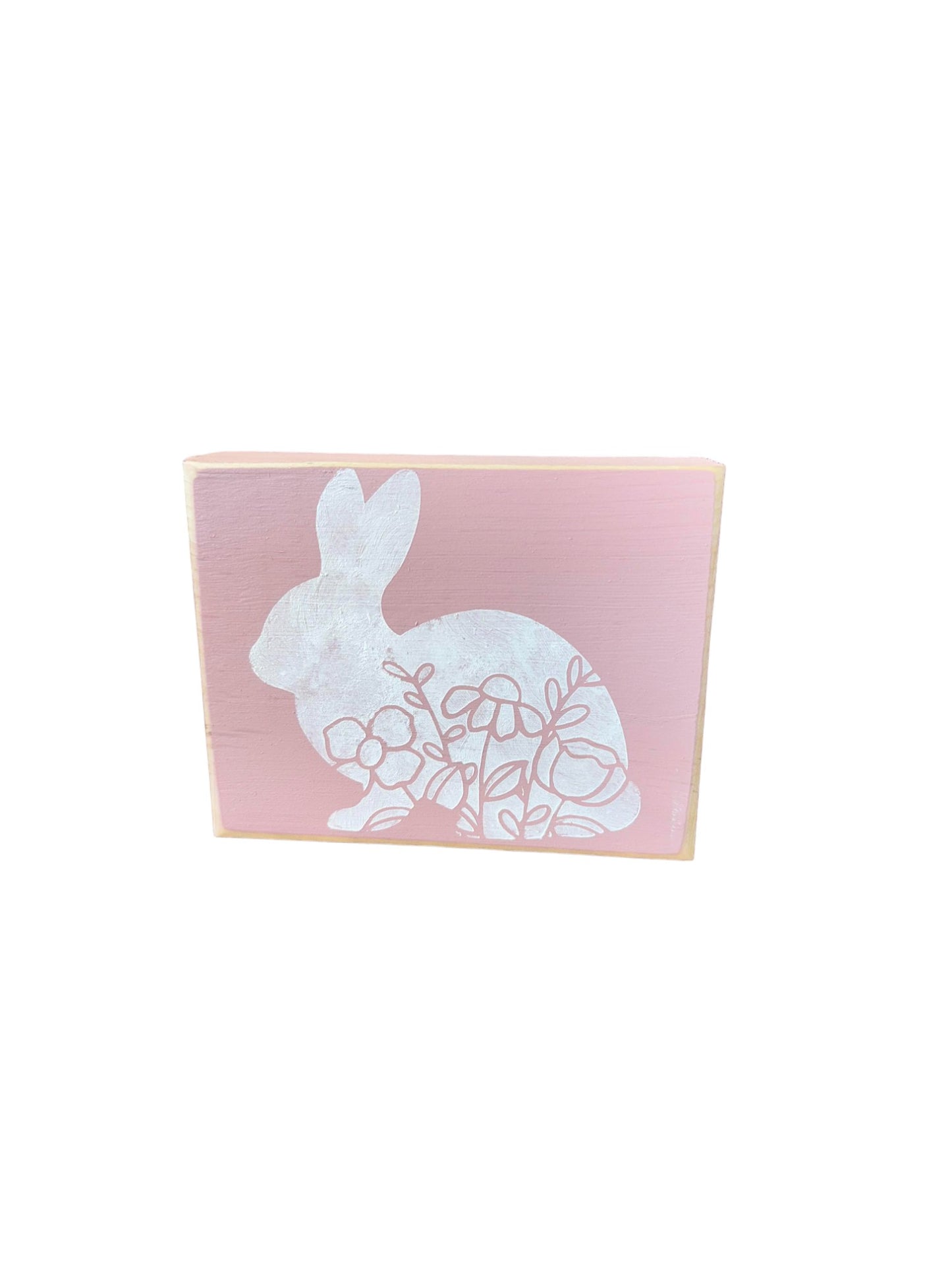 Pink Floral Bunny Silhoutte Decorative Easter Block Sign