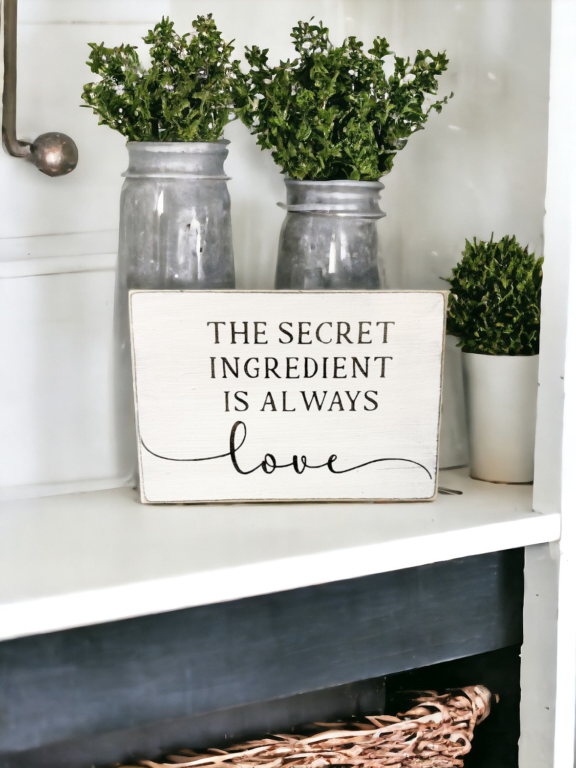 Heartfelt Wooden Kitchen Sign: The Secret Ingredient is Always Love - Hand-Painted White with Black Text, Perfect for Farmhouse Wall Art and Kitchen Shelf Decor