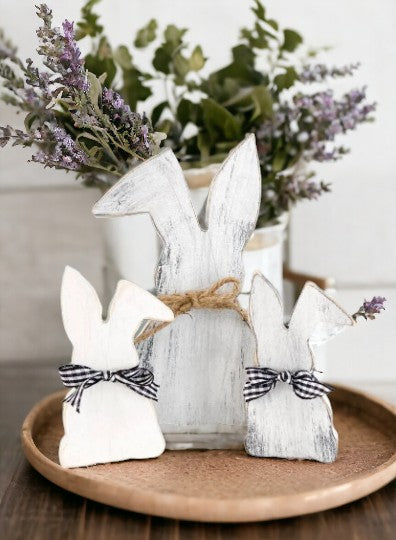  Three farmhouse wooden bunnies for tiered tray decor