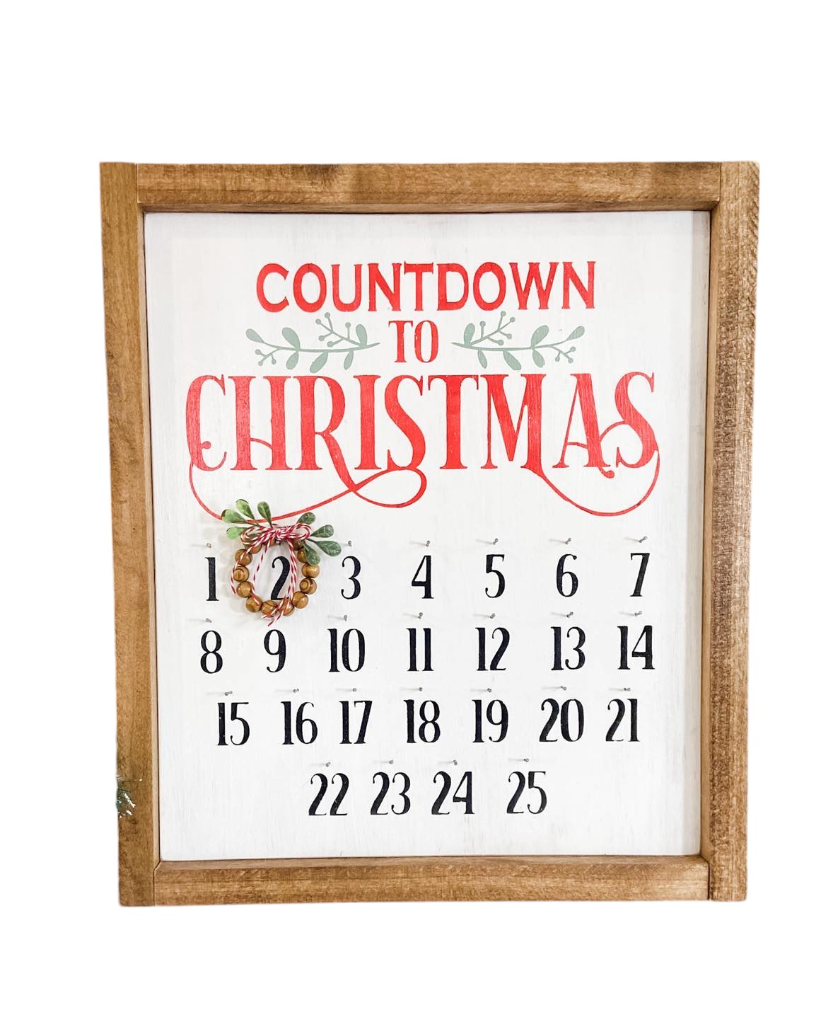 Framed wooden Christmas countdown sign with a movable bead wreath, handpainted white with red, green, and black text, perfect for hanging or displaying on a shelf.