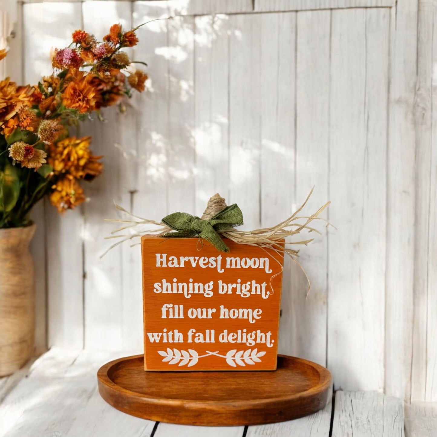 Handpainted wood pumpkin sign with autumn quote, ideal for fall decoration and tiered tray decor.