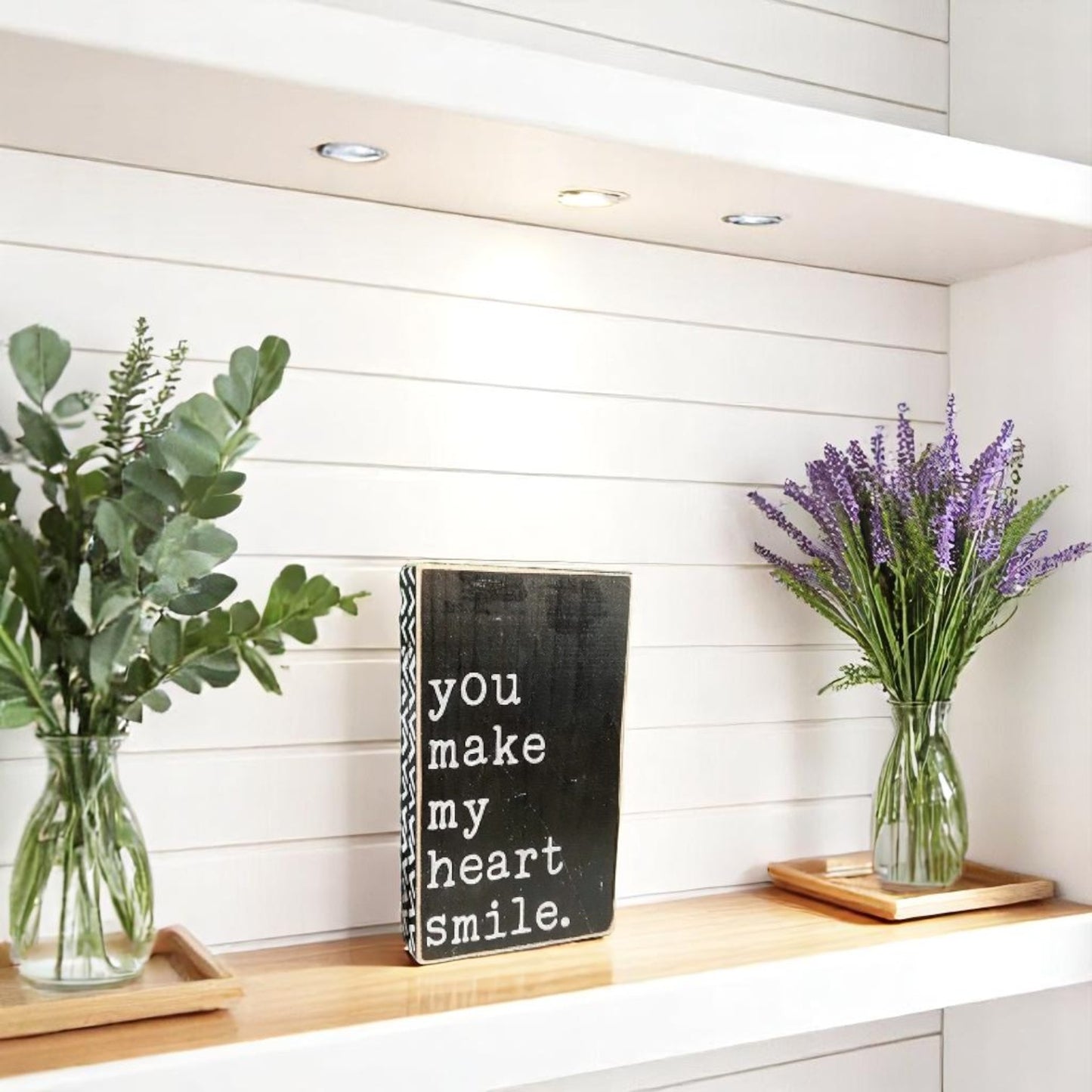 Wood block sign that reads "you make my heart smile" – a proud message for daughter and meaningful gift from mom.